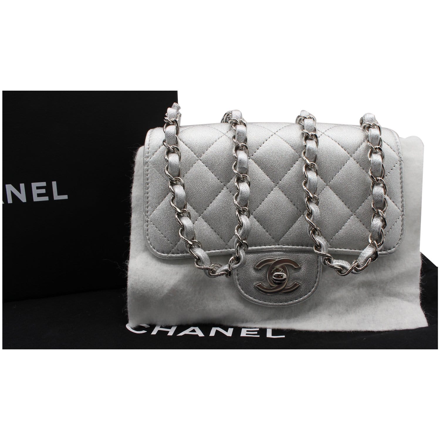 Chanel Mini Square Flap Quilted Leather Shoulder Bag Metallic Silver