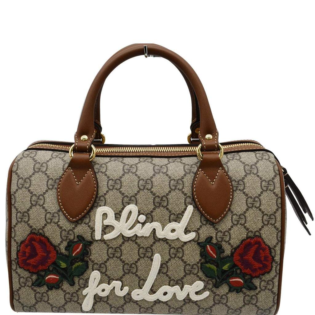 GUCCI Blind for Love Embroidered Gucci Supreme Canvas Boston Bag Maple Brown 409529