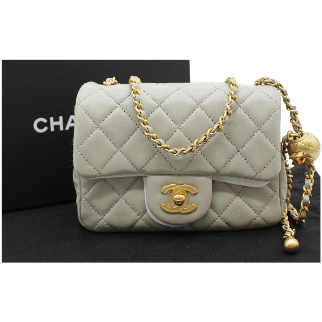 Chanel CC Pearl Crush Mini Flap Quilted  Leather Shoulder Bag Light Grey