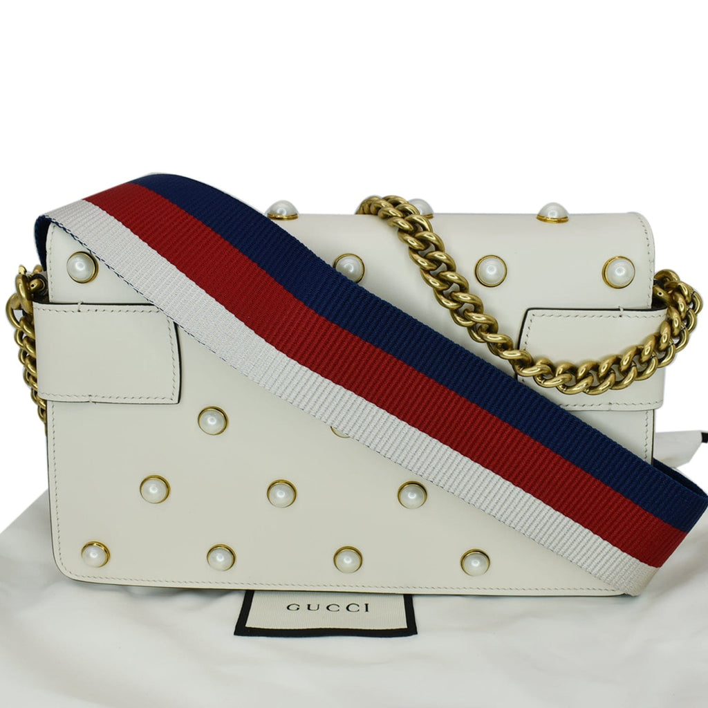 GUCCI Broadway Pearl Bee Leather Crossbody Bag White 453778
