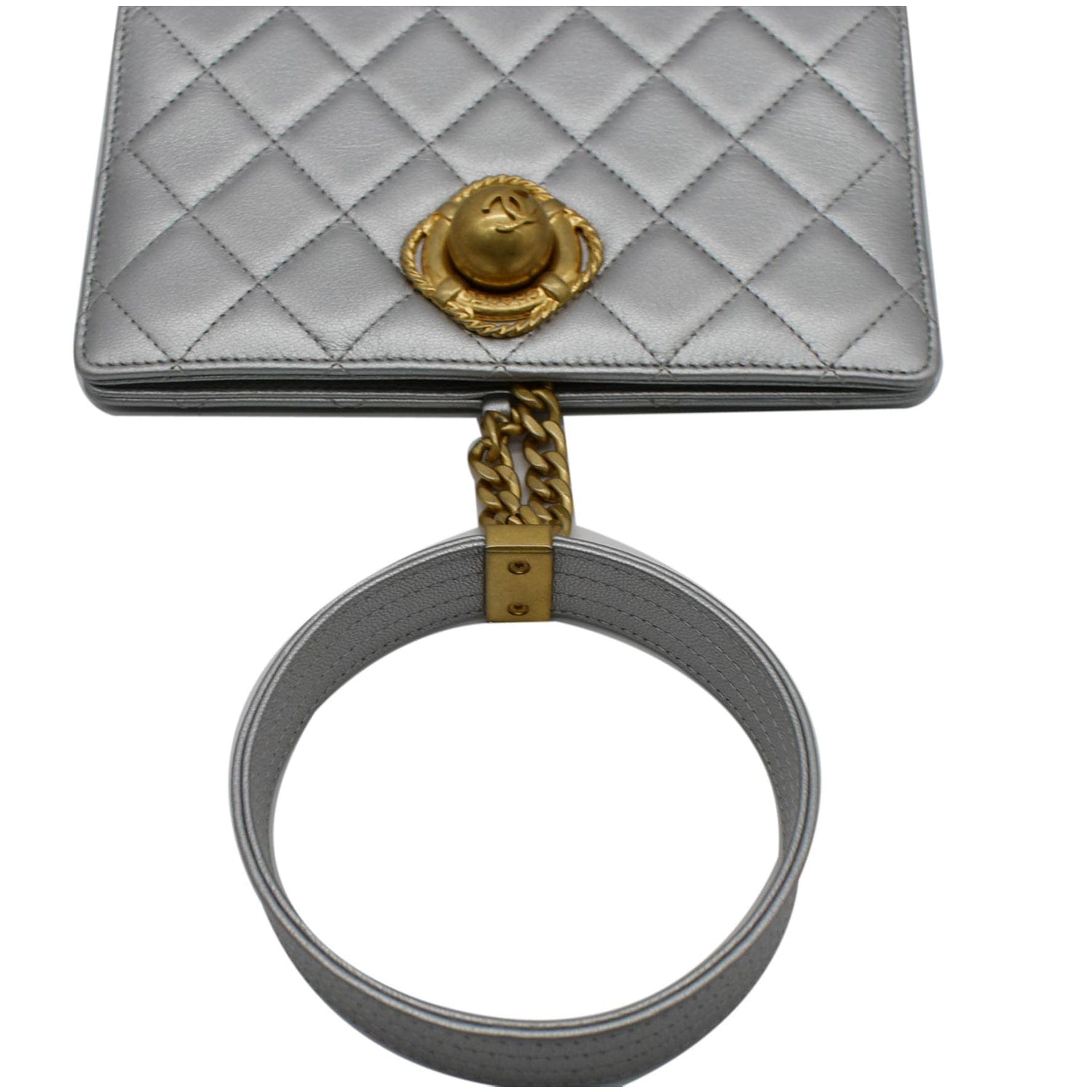 Chanel By The Sea Quilted  Leather Clutch Wallet Metallic Silver