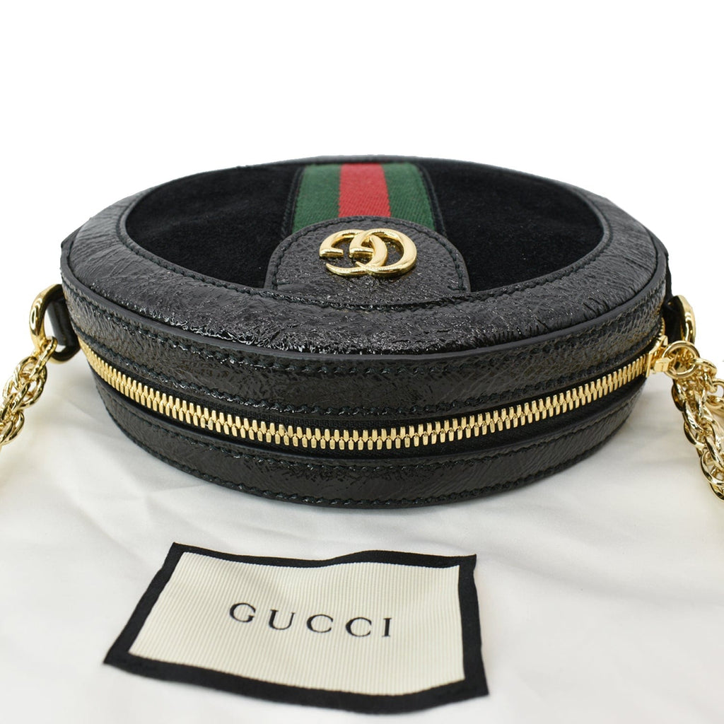 GUCCI Ophidia Mini Gucci Round Web Leather Crossbody Bag Black 550618