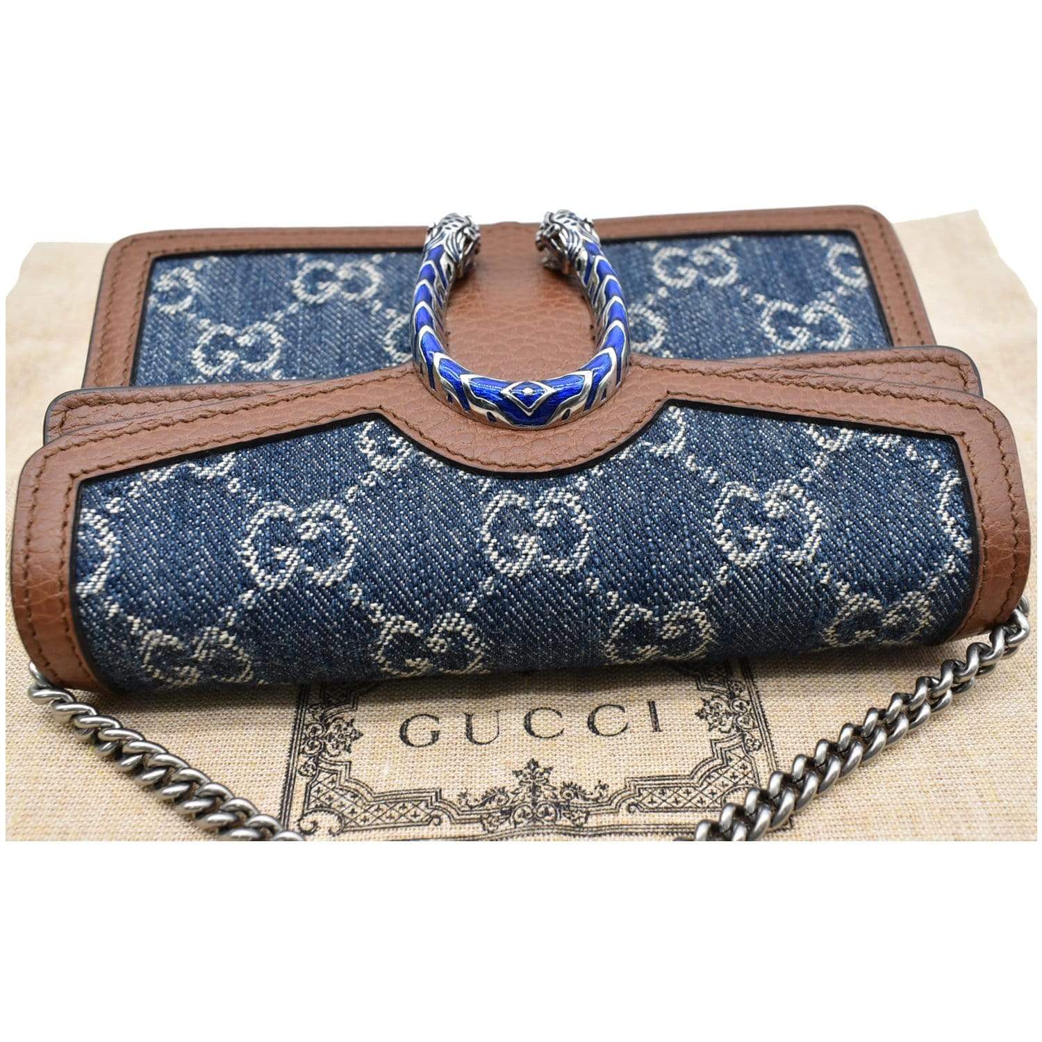 GUCCI Dionysus Super Mini Gucci Jacquard Denim Chain Shoulder Bag Dark Blue 476432