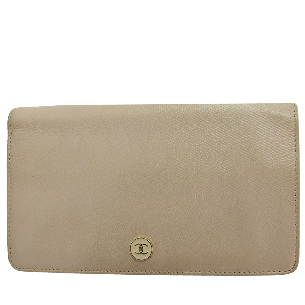 Chanel Long Coco Button Bi-Fold Caviar Leather Wallet Beige