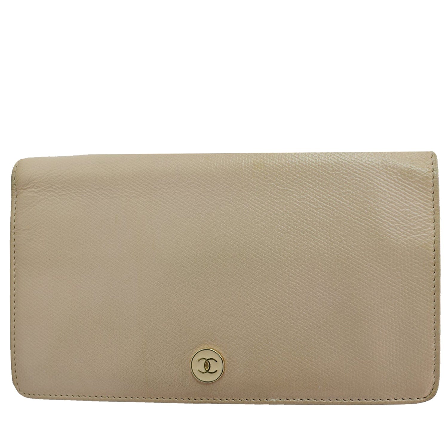 Chanel Long Coco Button Bi-Fold Caviar Leather Wallet Beige