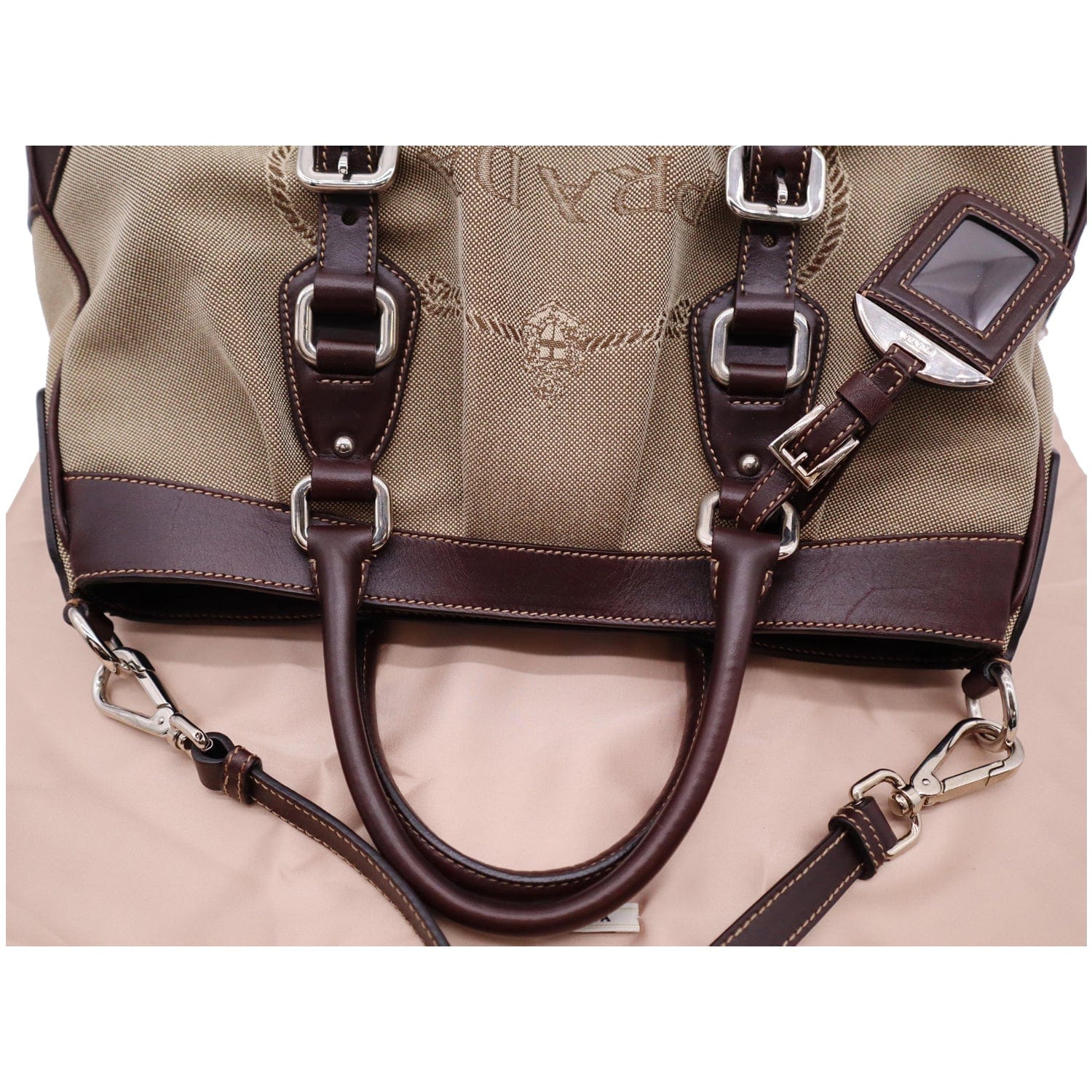 PRADA Jacquard Logo Canvas Leather Tote Shoulder Bag Beige