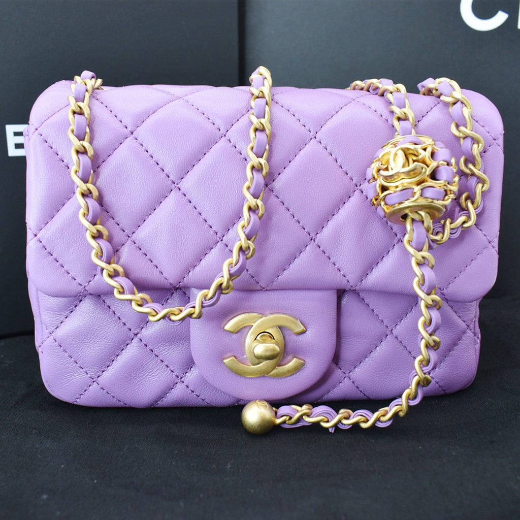 Chanel 22S Mini Pearl Crush Square Flap Leather Crossbody Bag Purple