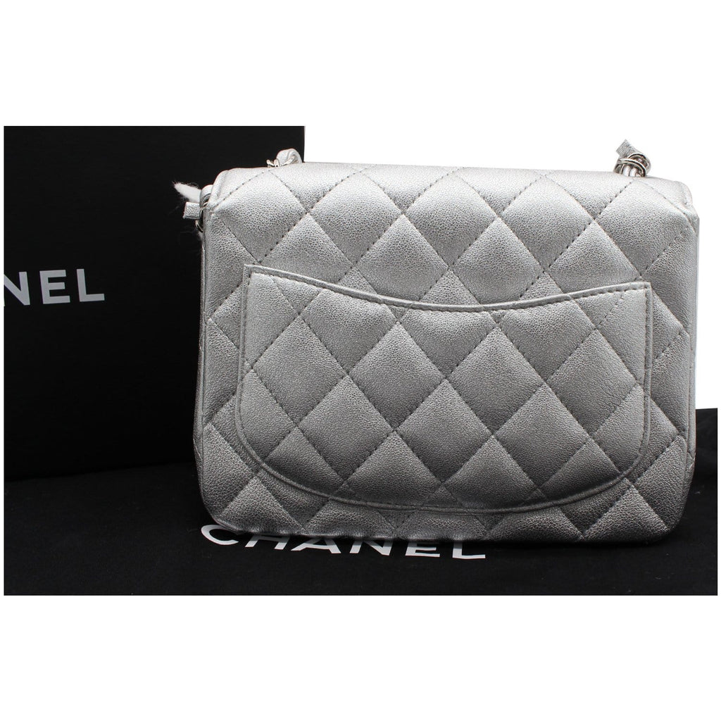Chanel Mini Square Flap Quilted Leather Shoulder Bag Metallic Silver
