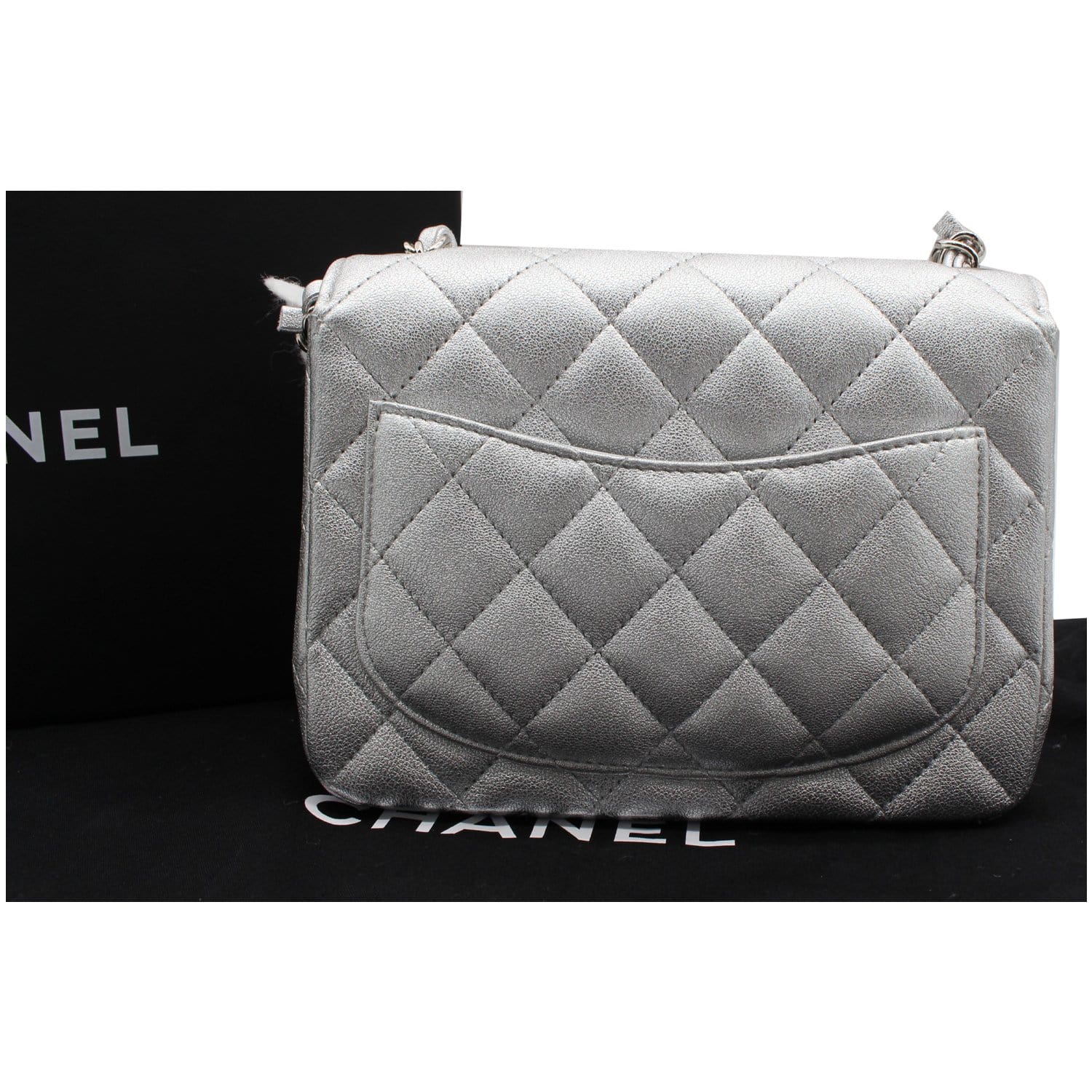 Chanel Mini Square Flap Quilted Leather Shoulder Bag Metallic Silver
