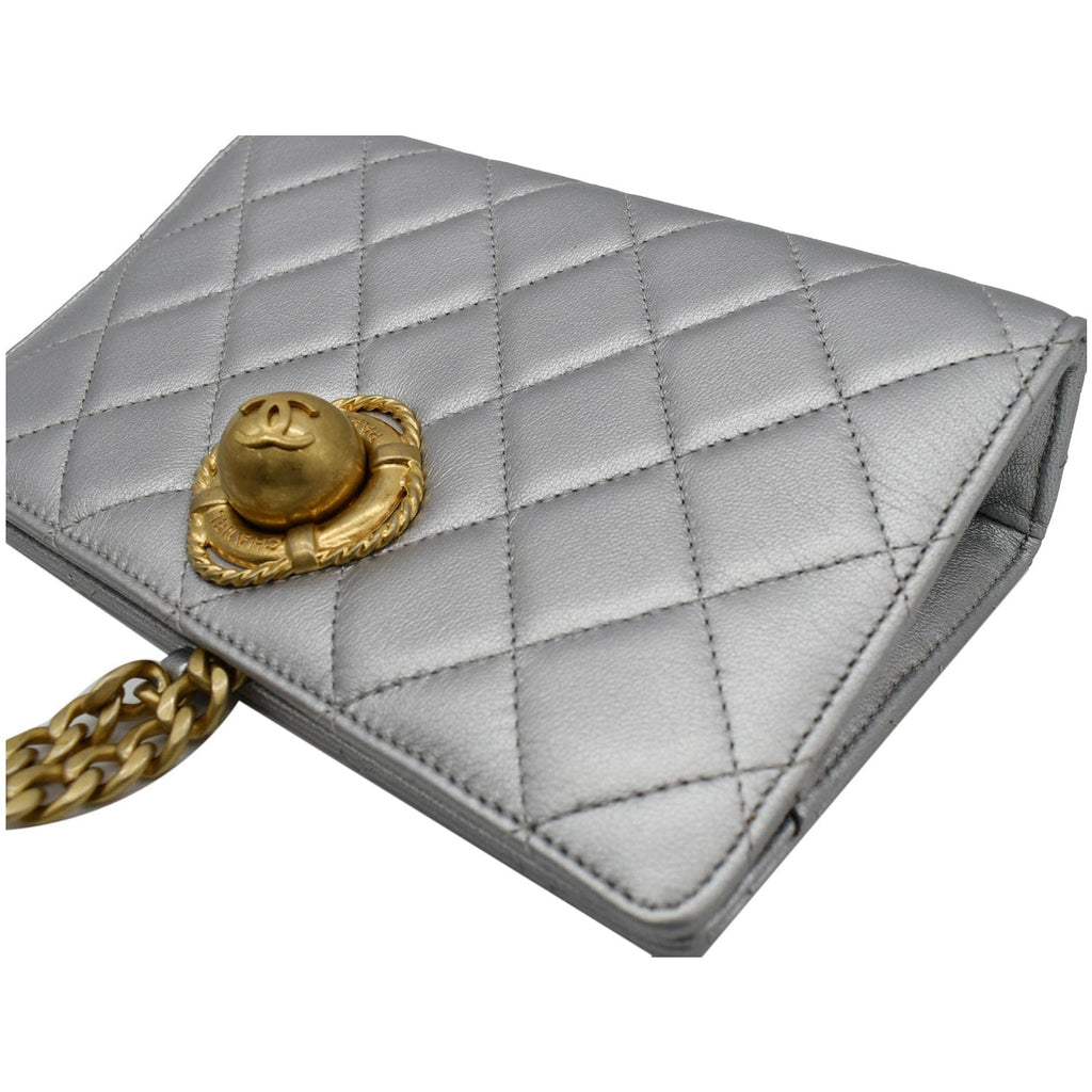 Chanel By The Sea Quilted  Leather Clutch Wallet Metallic Silver