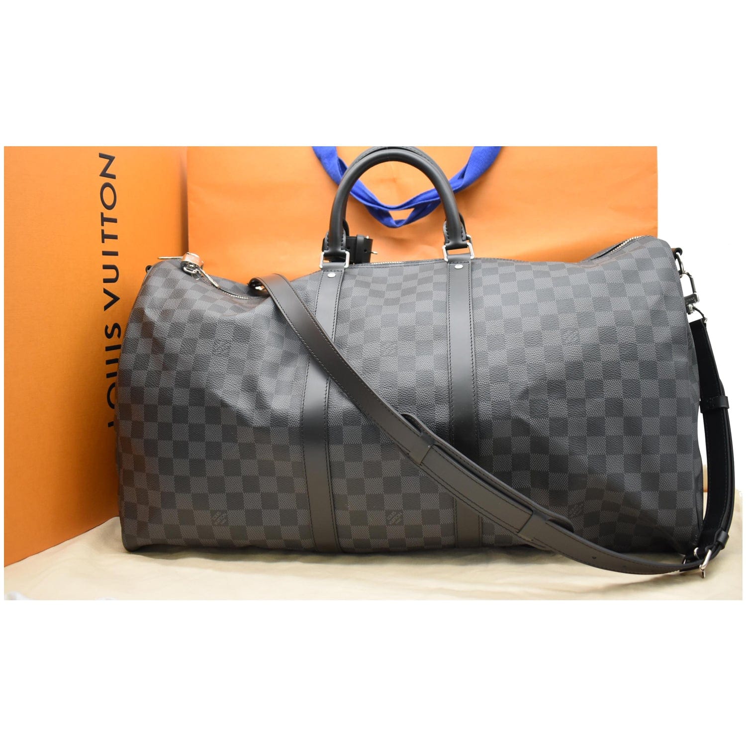 LOUIS VUITTON Keepall 55 Damier Graphite Bandouliere Travel Bag Black