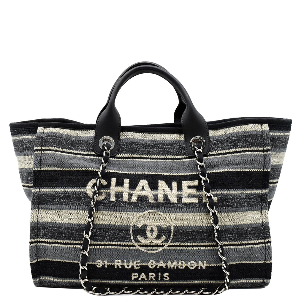 Chanel Deauville Medium Striped Tweed Canvas Tote Bag Black/Grey