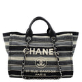 Chanel Deauville Medium Striped Tweed Canvas Tote Bag Black/Grey