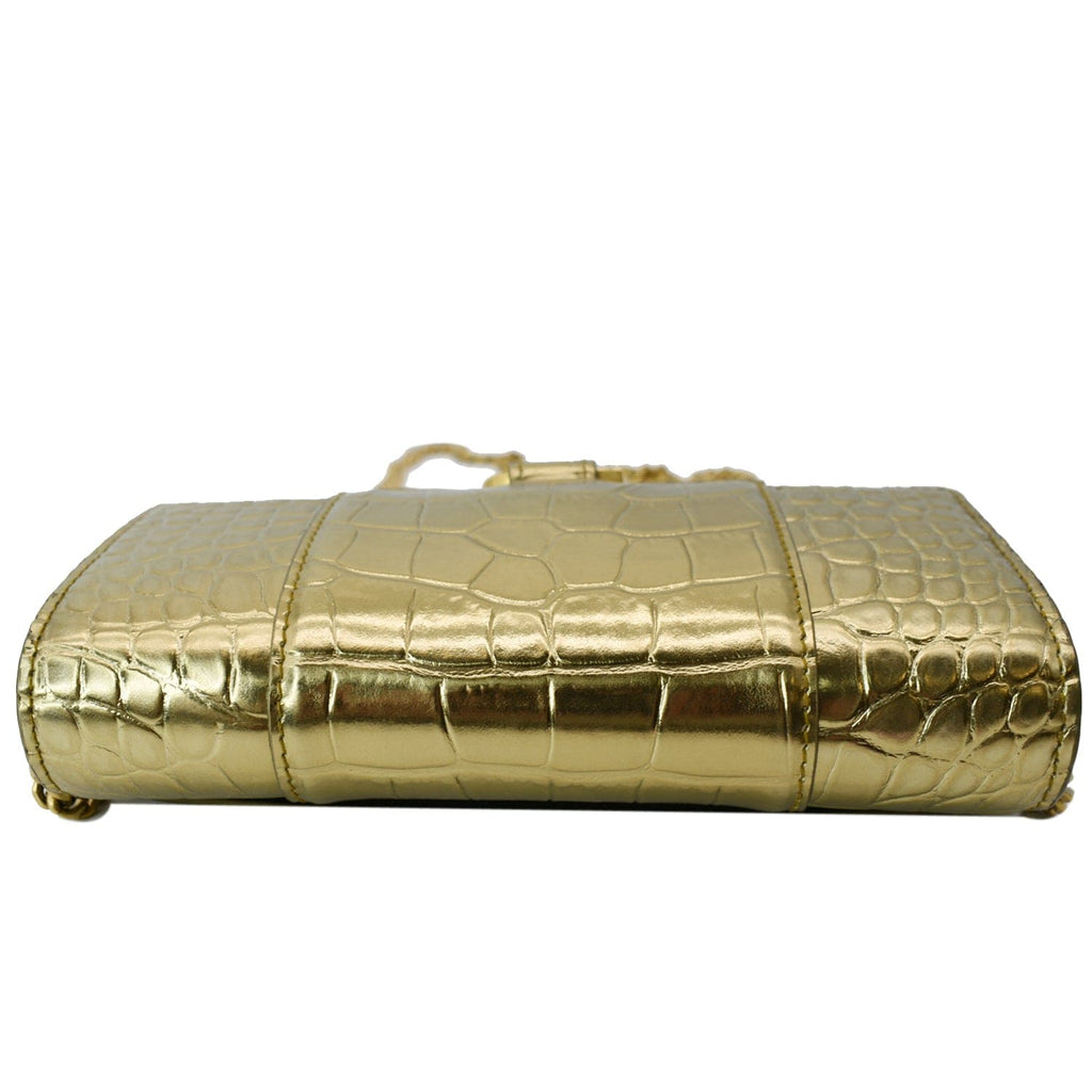 BALENCIAGA Hourglass Metallized Crocodile Embossed Wallet on Chain Crossbody Bag Gold