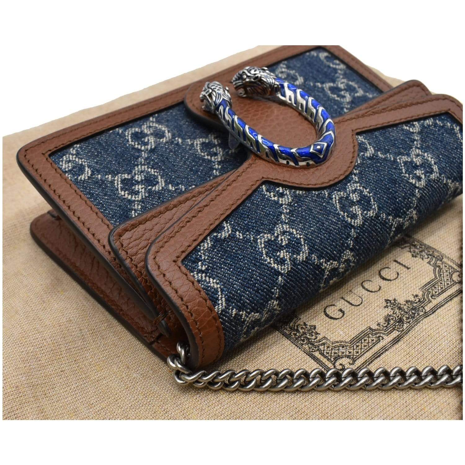 GUCCI Dionysus Super Mini Gucci Jacquard Denim Chain Shoulder Bag Dark Blue 476432