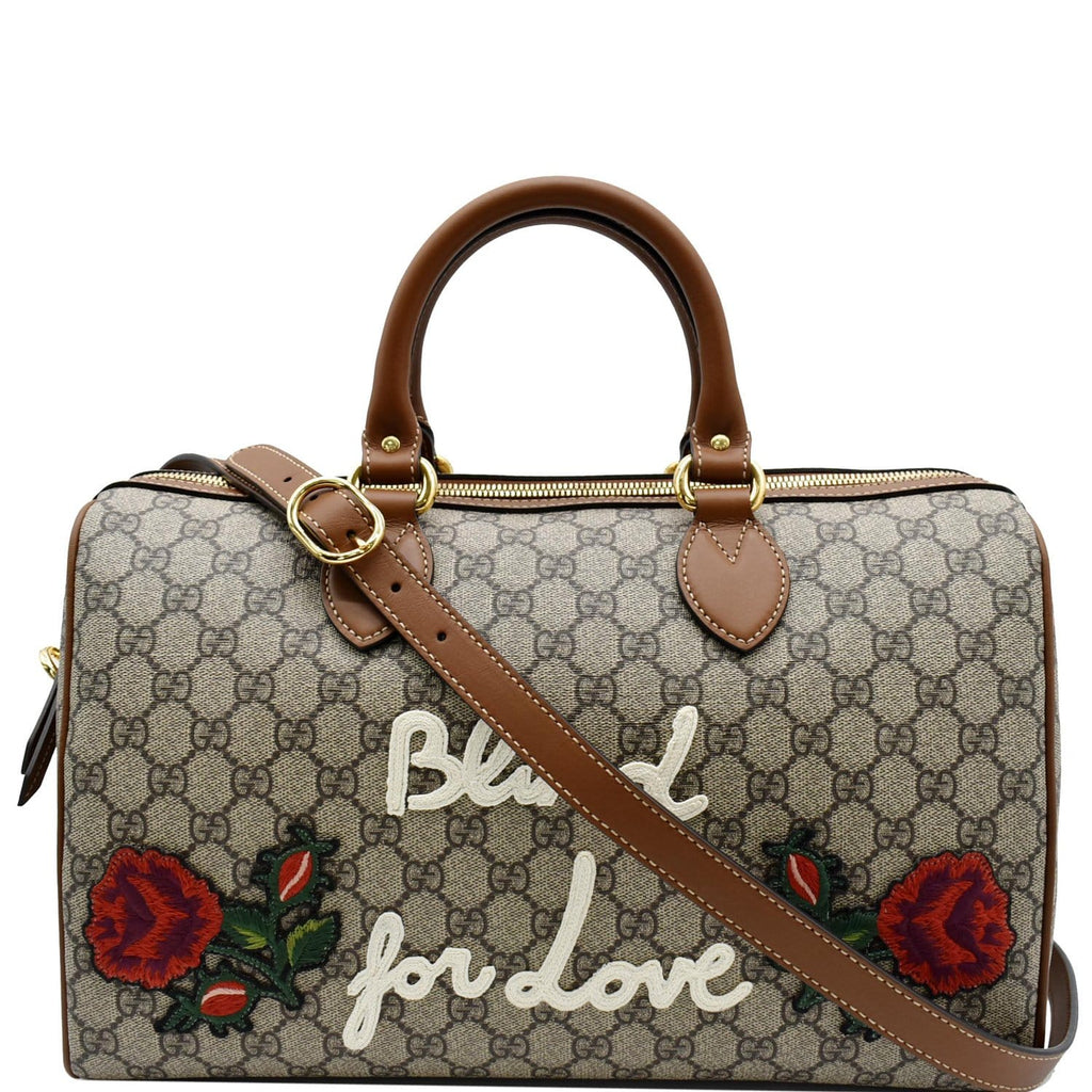 GUCCI Blind for Love Embroidered Gucci Supreme Canvas Boston Bag Maple Brown 409527