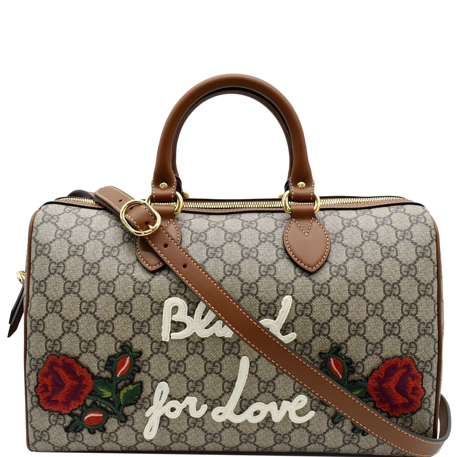 GUCCI Blind for Love Embroidered Gucci Supreme Canvas Boston Bag Maple Brown 409527