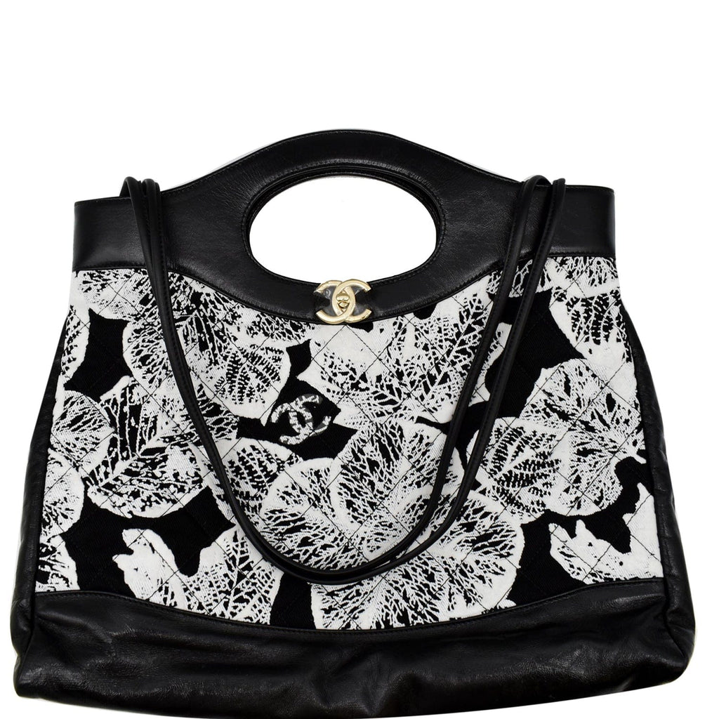 Chanel 31 Printed Cotton Leather Shopping Shoulder Bag Black