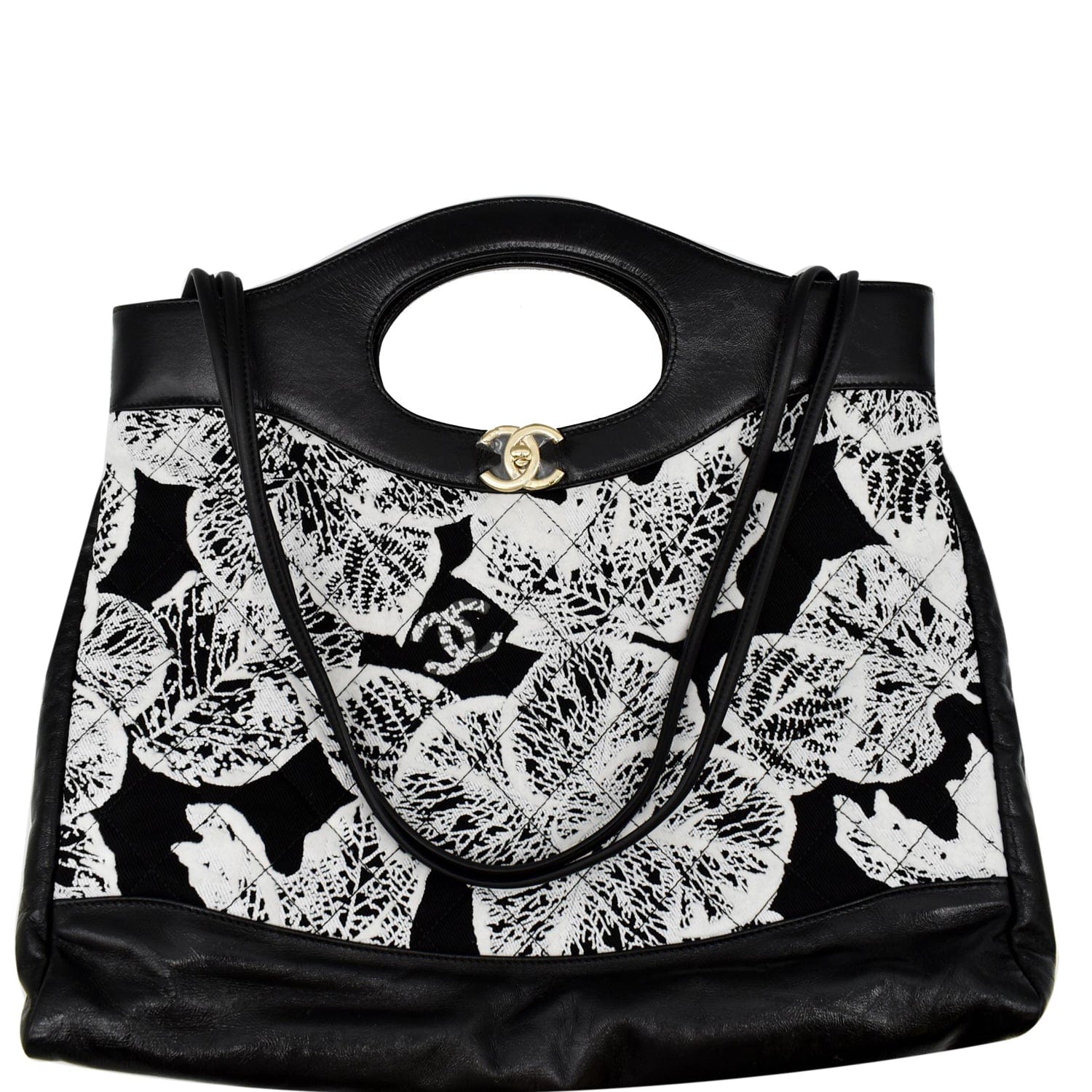 Chanel 31 Printed Cotton Leather Shopping Shoulder Bag Black