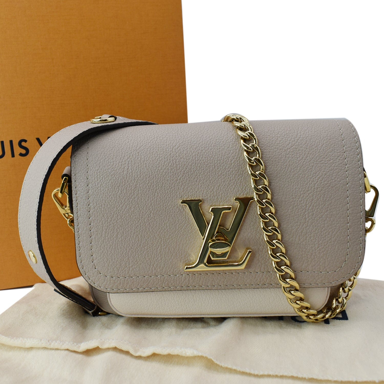 LOUIS VUITTON Lockme Tender Grained  Leather Shoulder Bag Greige