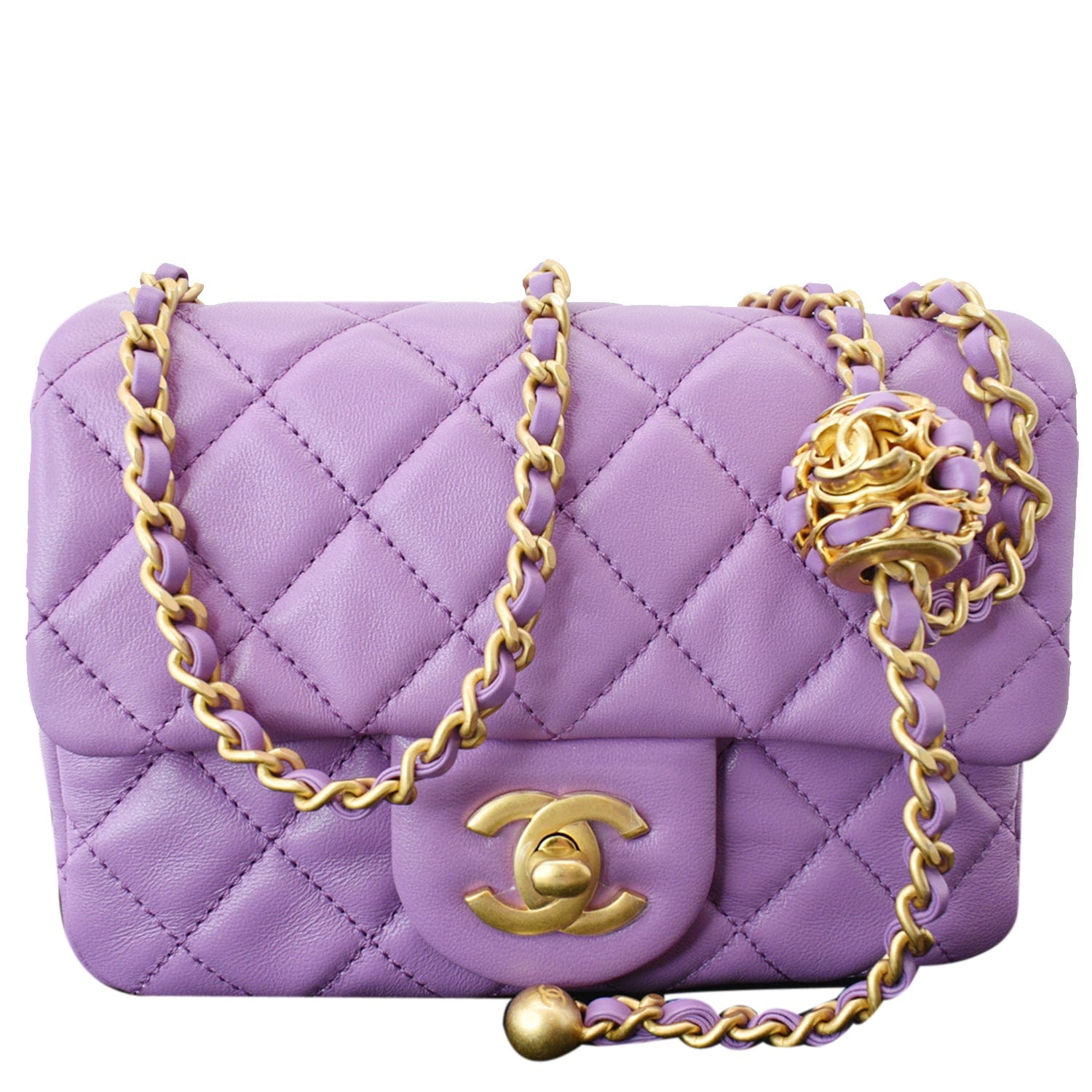 Chanel 22S Mini Pearl Crush Square Flap Leather Crossbody Bag Purple
