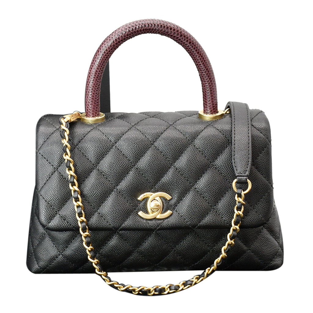 Chanel Coco Mini Top Lizard Handle Caviar Leather Shoulder Bag Black