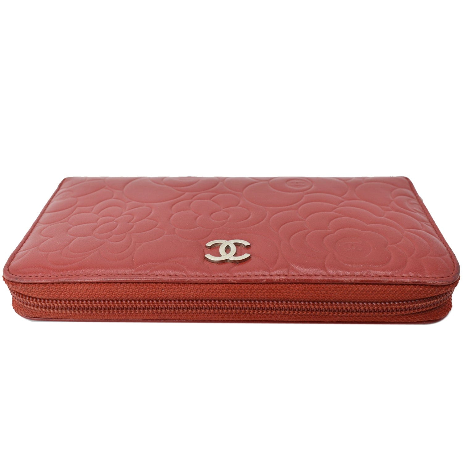 Chanel Zippy Camellia Embossed Leather Wallet Red