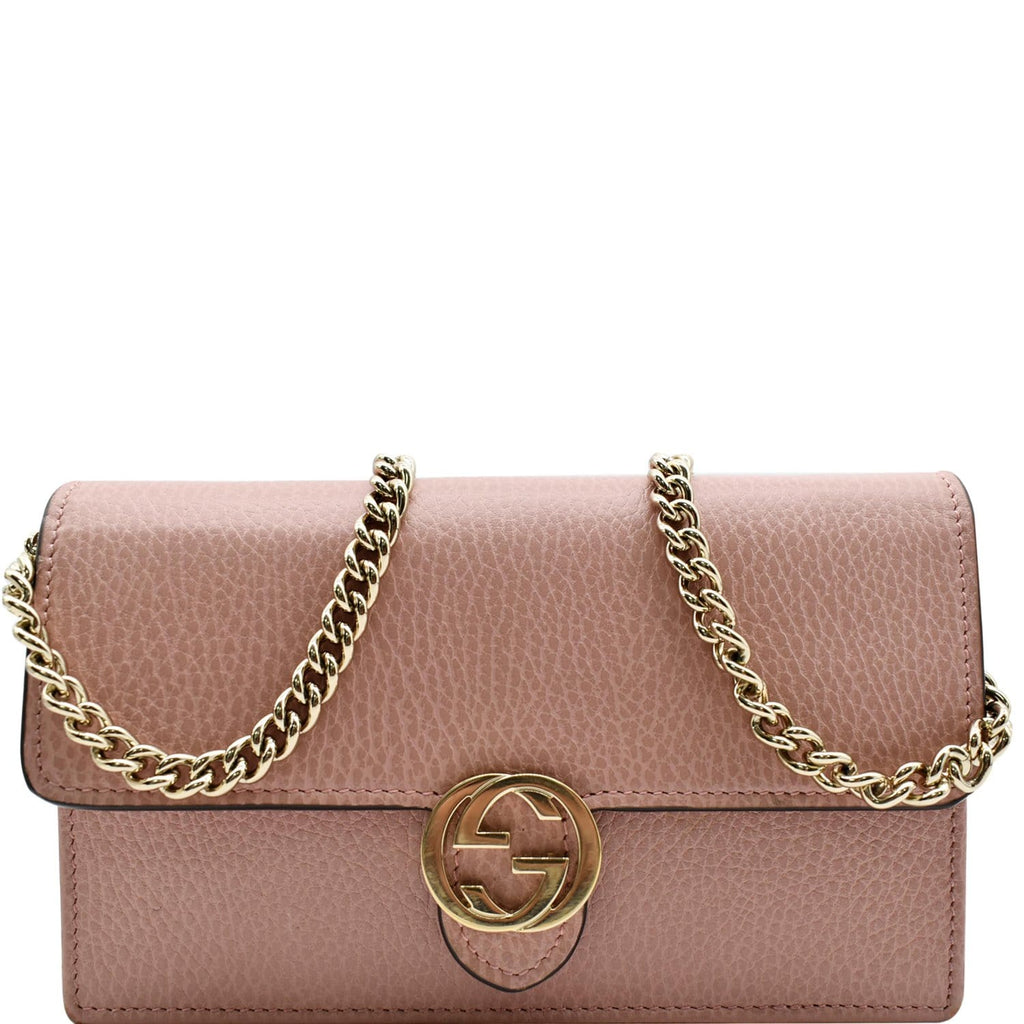 GUCCI Dollar Interlocking G  Leather Chain Wallet Crossbody Bag Soft Pink 510314