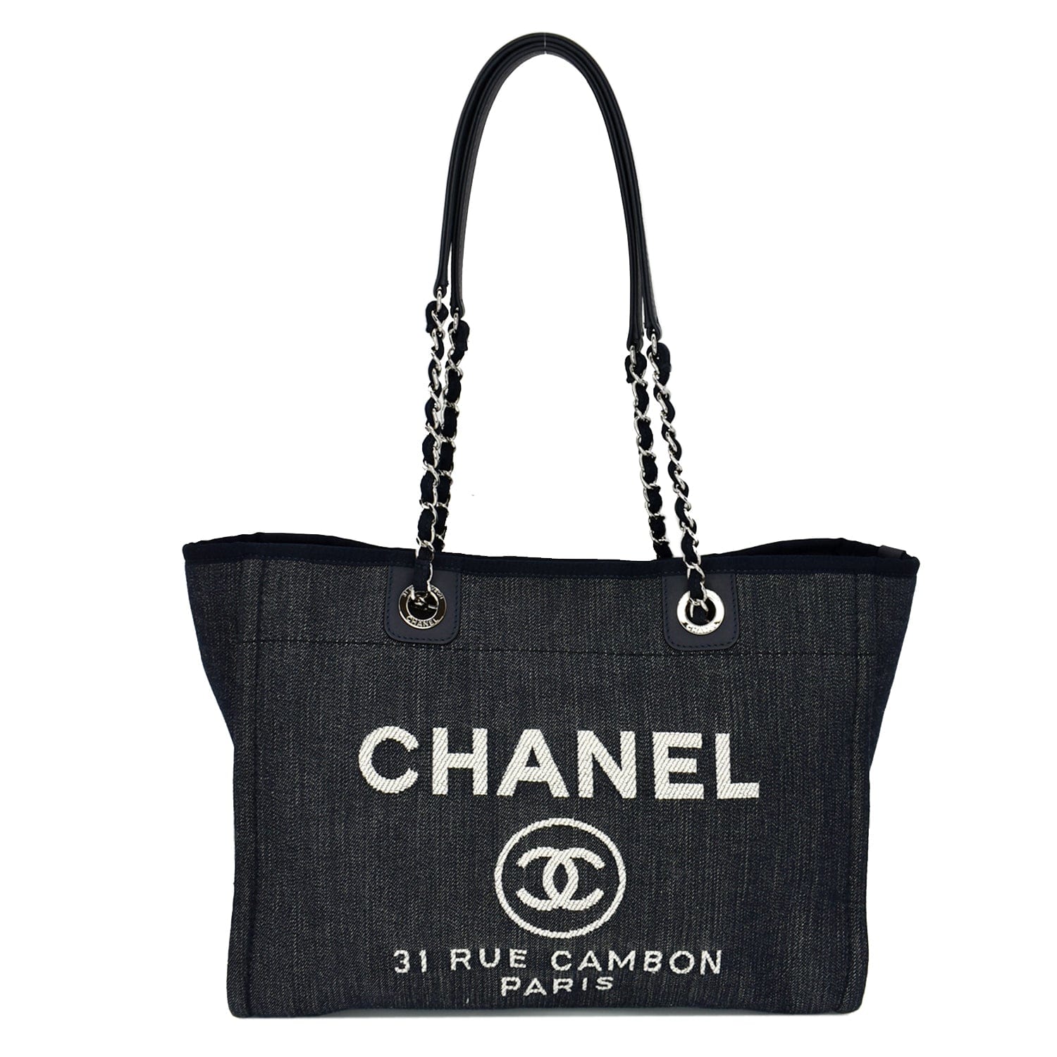 Chanel Deauville Medium Denim Leather Tote Bag Dark Blue