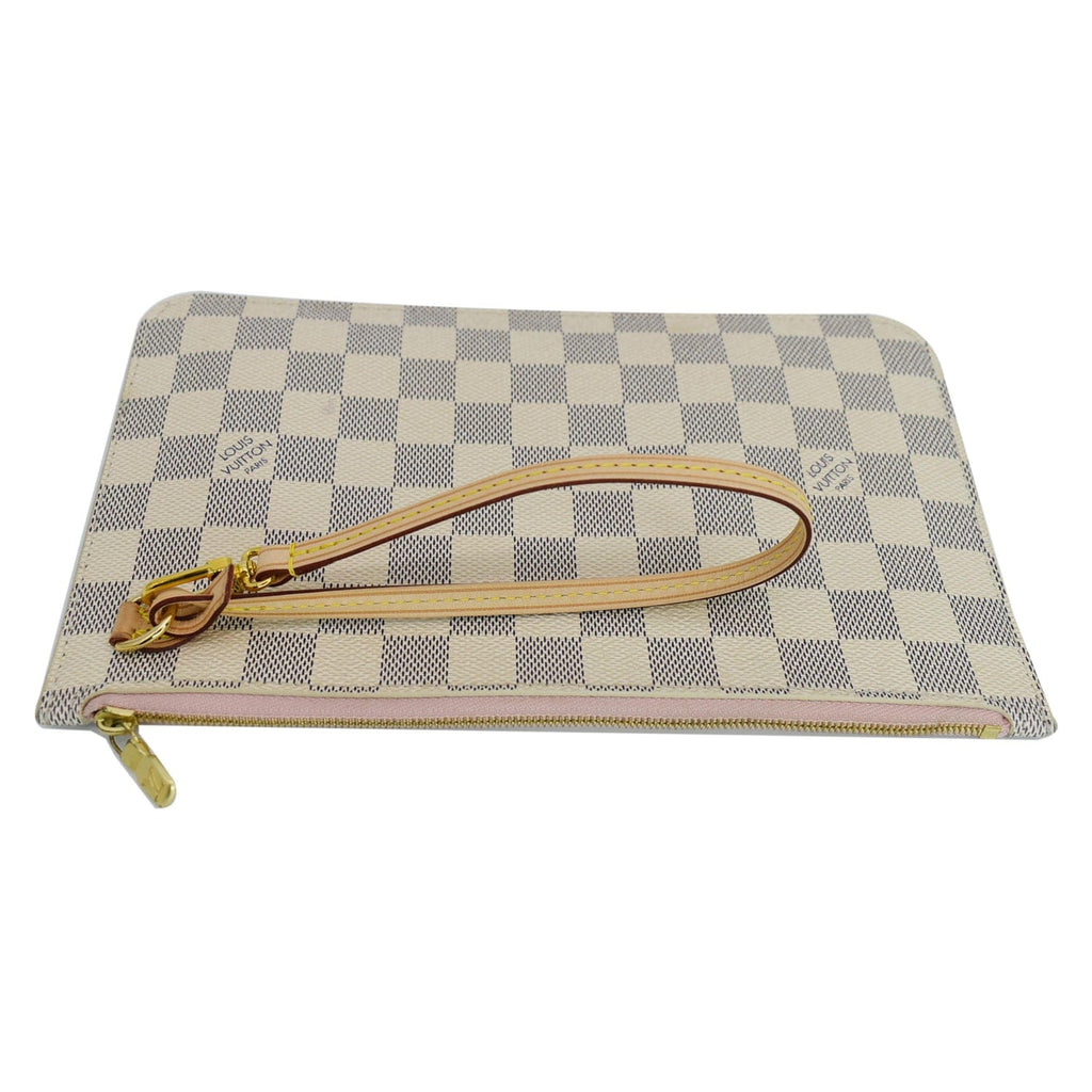LOUIS VUITTON Neverfull MM Damier Azur Pochette Wristlet Pouch Rose Ballerine