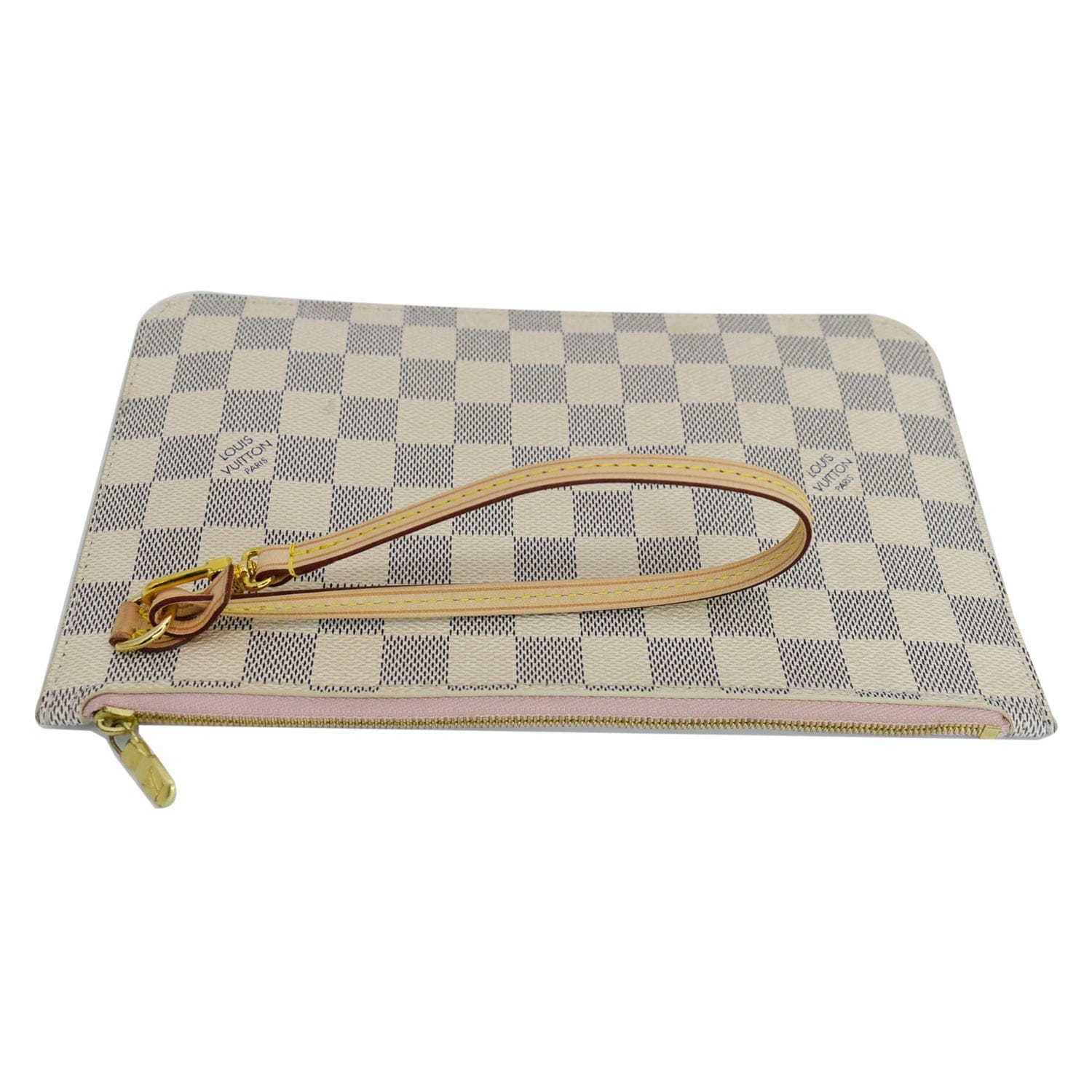 LOUIS VUITTON Neverfull MM Damier Azur Pochette Wristlet Pouch Rose Ballerine