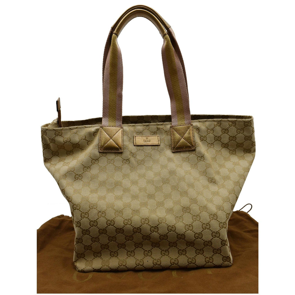 GUCCI Sherry Gucci Canvas Leather Tote Bag Beige 131231