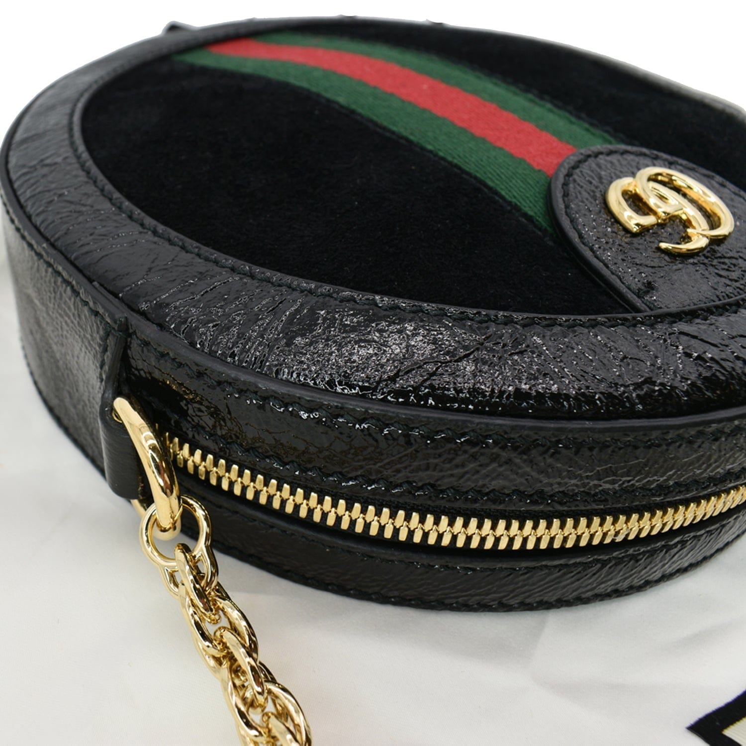 GUCCI Ophidia Mini Gucci Round Web Leather Crossbody Bag Black 550618