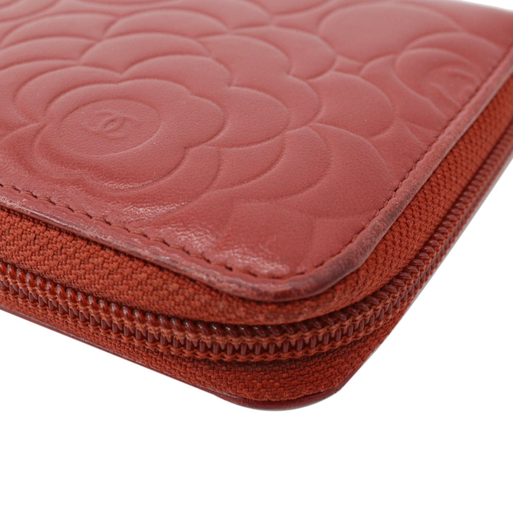 Chanel Zippy Camellia Embossed Leather Wallet Red