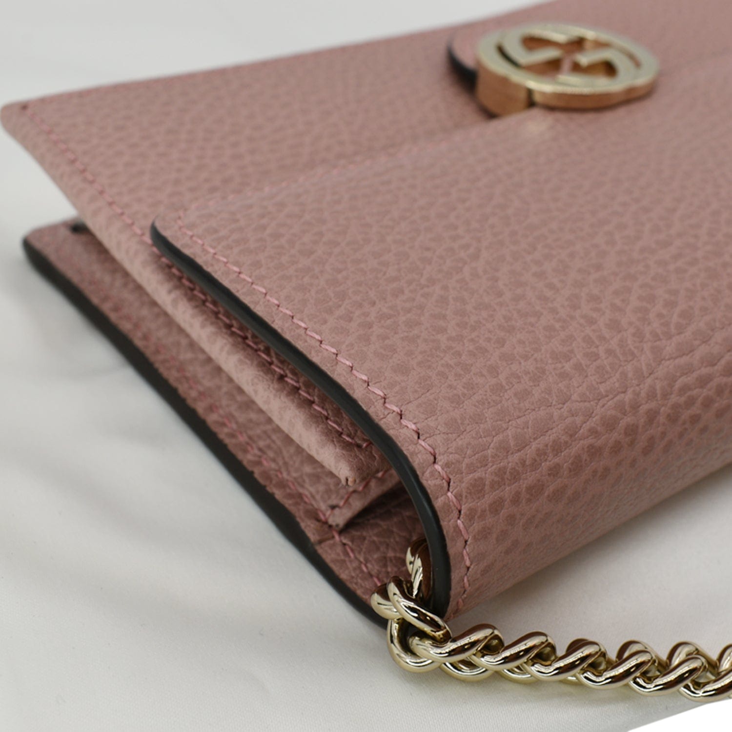 GUCCI Dollar Interlocking G  Leather Chain Wallet Crossbody Bag Soft Pink 510314