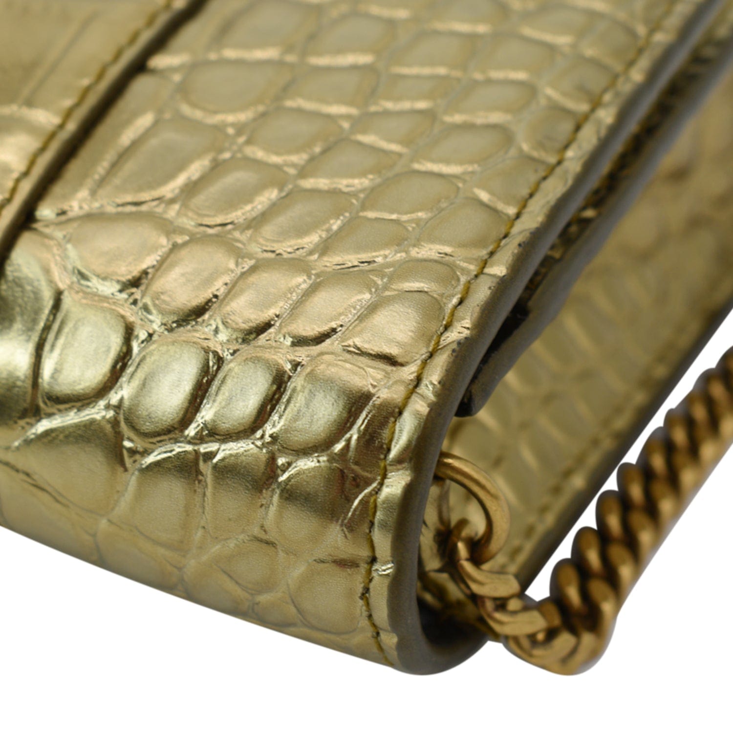BALENCIAGA Hourglass Metallized Crocodile Embossed Wallet on Chain Crossbody Bag Gold