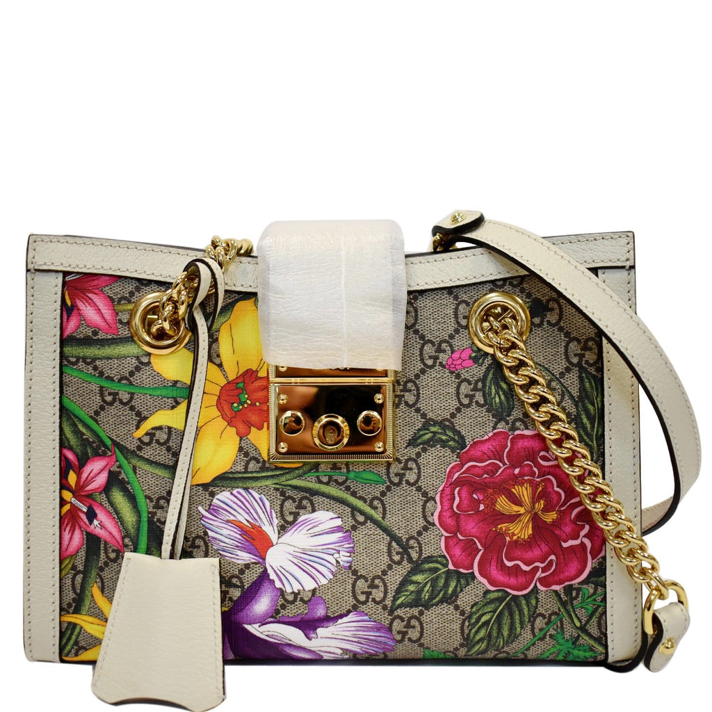 GUCCI Padlock Flora Small Gucci Supreme Canvas Shoulder Bag Beige 498156