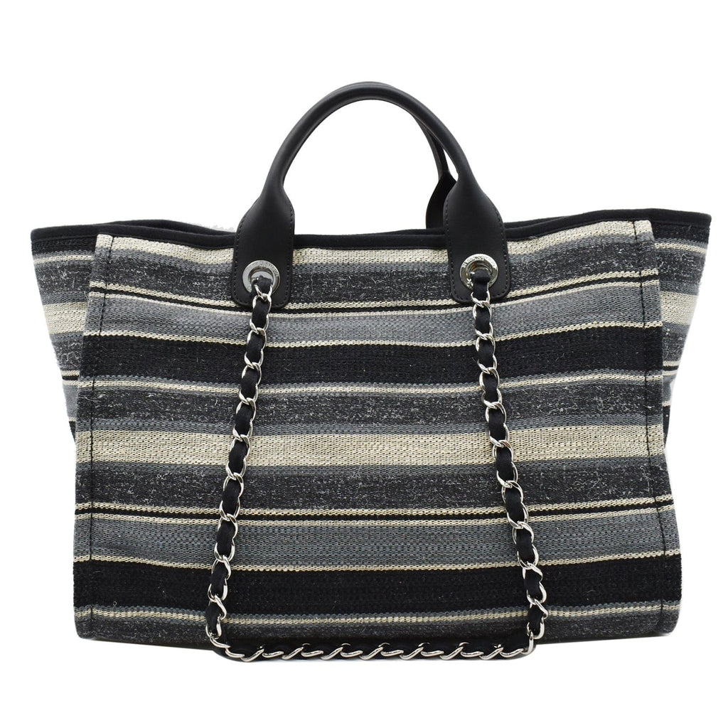 Chanel Deauville Medium Striped Tweed Canvas Tote Bag Black/Grey