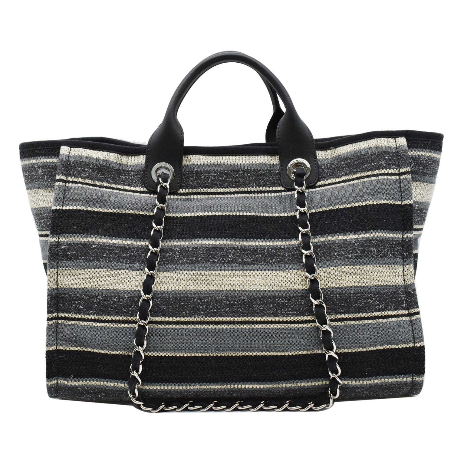 Chanel Deauville Medium Striped Tweed Canvas Tote Bag Black/Grey
