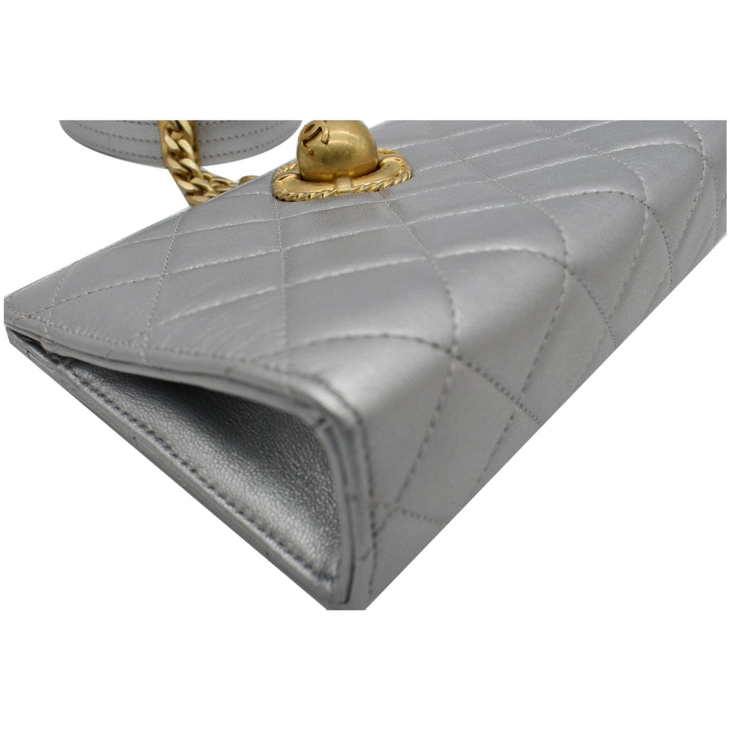 Chanel By The Sea Quilted  Leather Clutch Wallet Metallic Silver