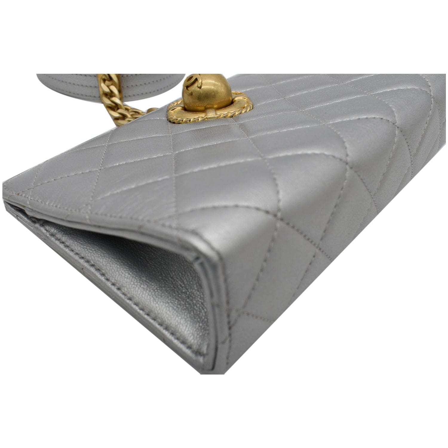 Chanel By The Sea Quilted  Leather Clutch Wallet Metallic Silver