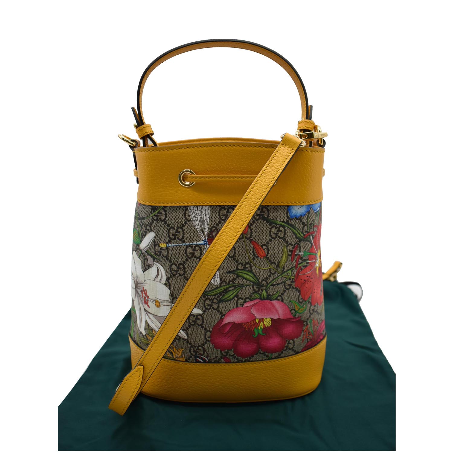 GUCCI Ophidia Flora Small Gucci Canvas Bucket Bag Yellow 550621