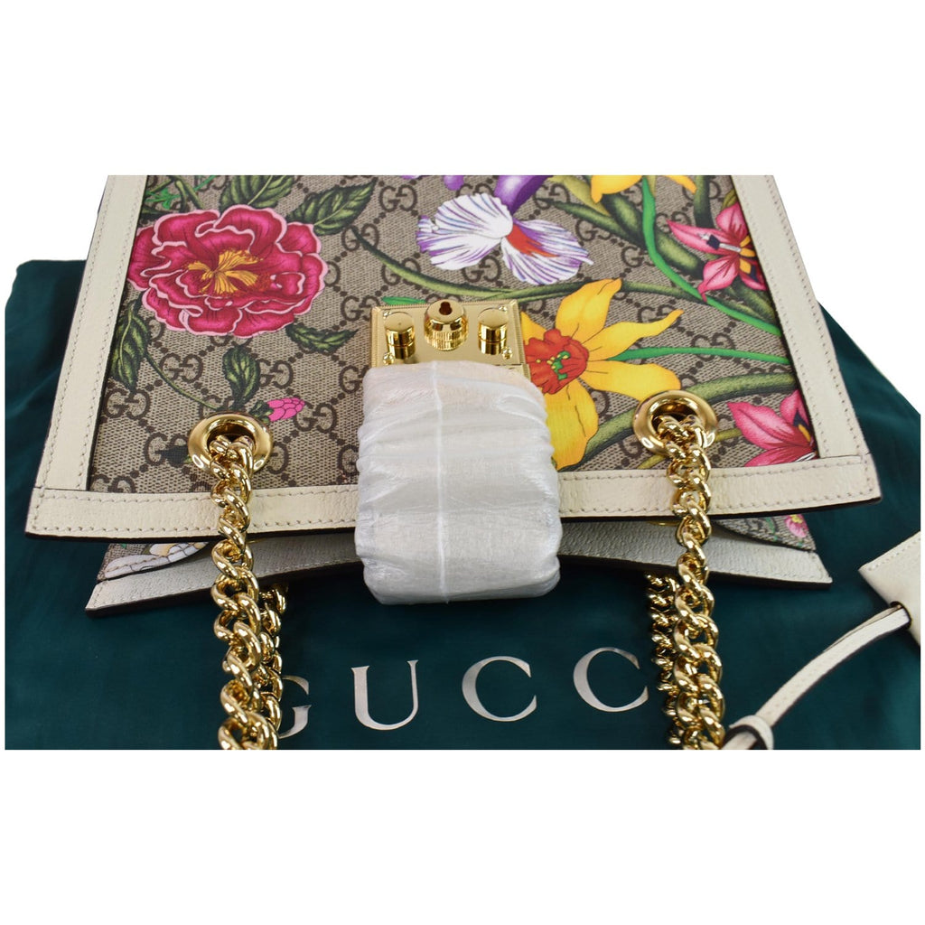 GUCCI Padlock Flora Small Gucci Supreme Canvas Shoulder Bag Beige 498156