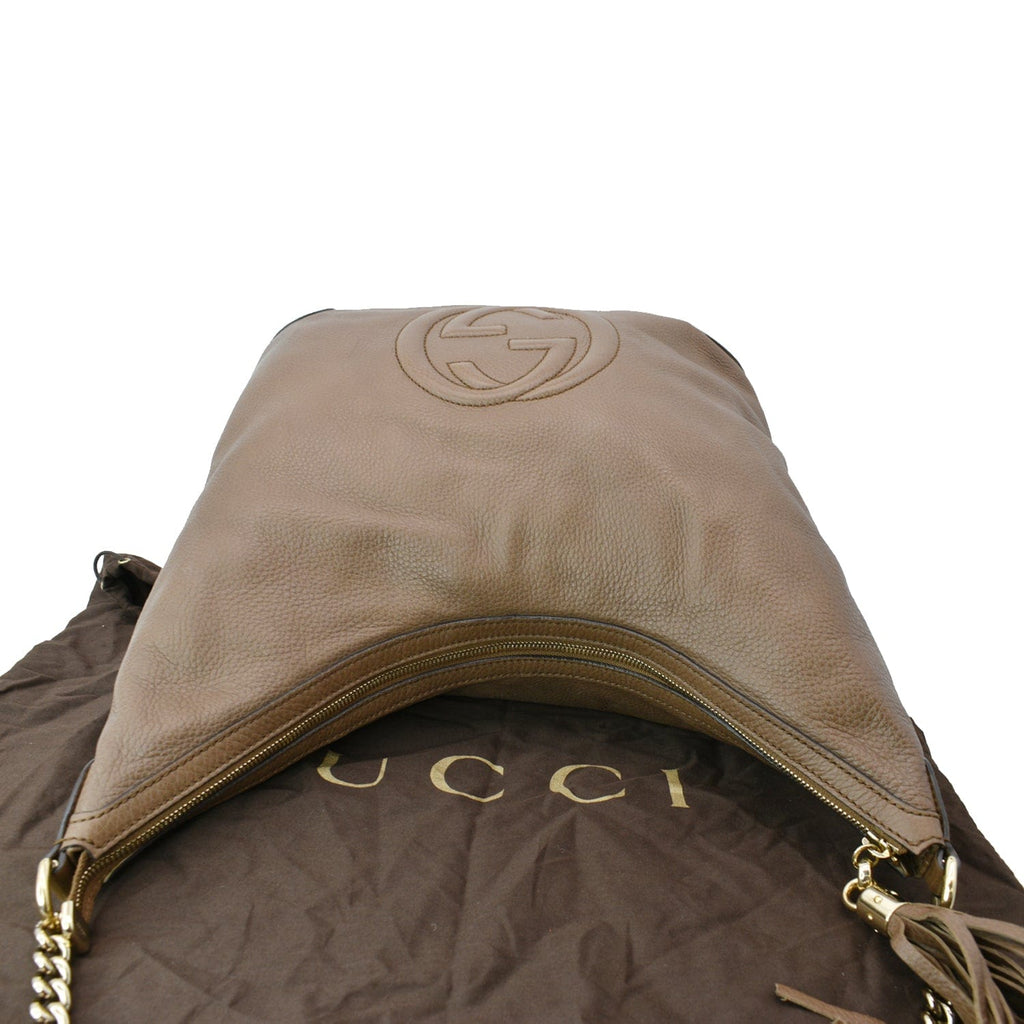 GUCCI Soho Pebbled  Leather Chain Shoulder Bag Maple Brown 308981