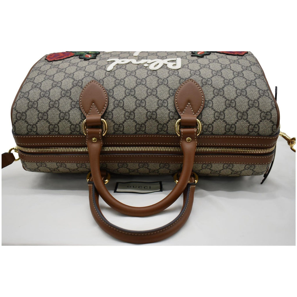 GUCCI Blind for Love Embroidered Gucci Supreme Canvas Boston Bag Maple Brown 409527
