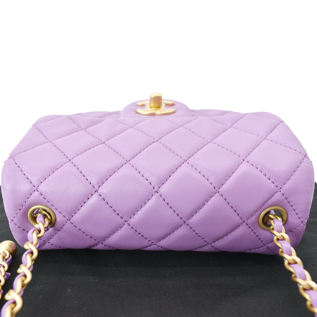 Chanel 22S Mini Pearl Crush Square Flap Leather Crossbody Bag Purple