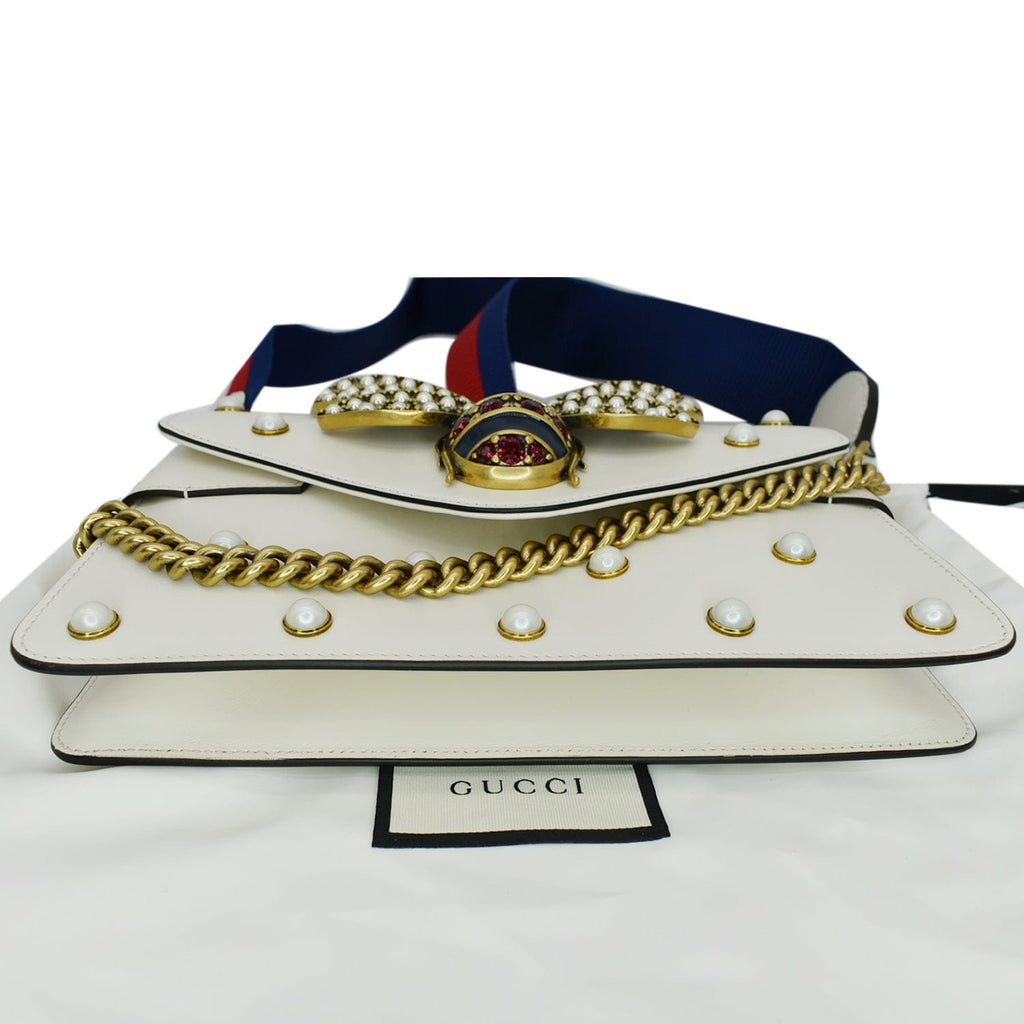 GUCCI Broadway Pearl Bee Leather Crossbody Bag White 453778