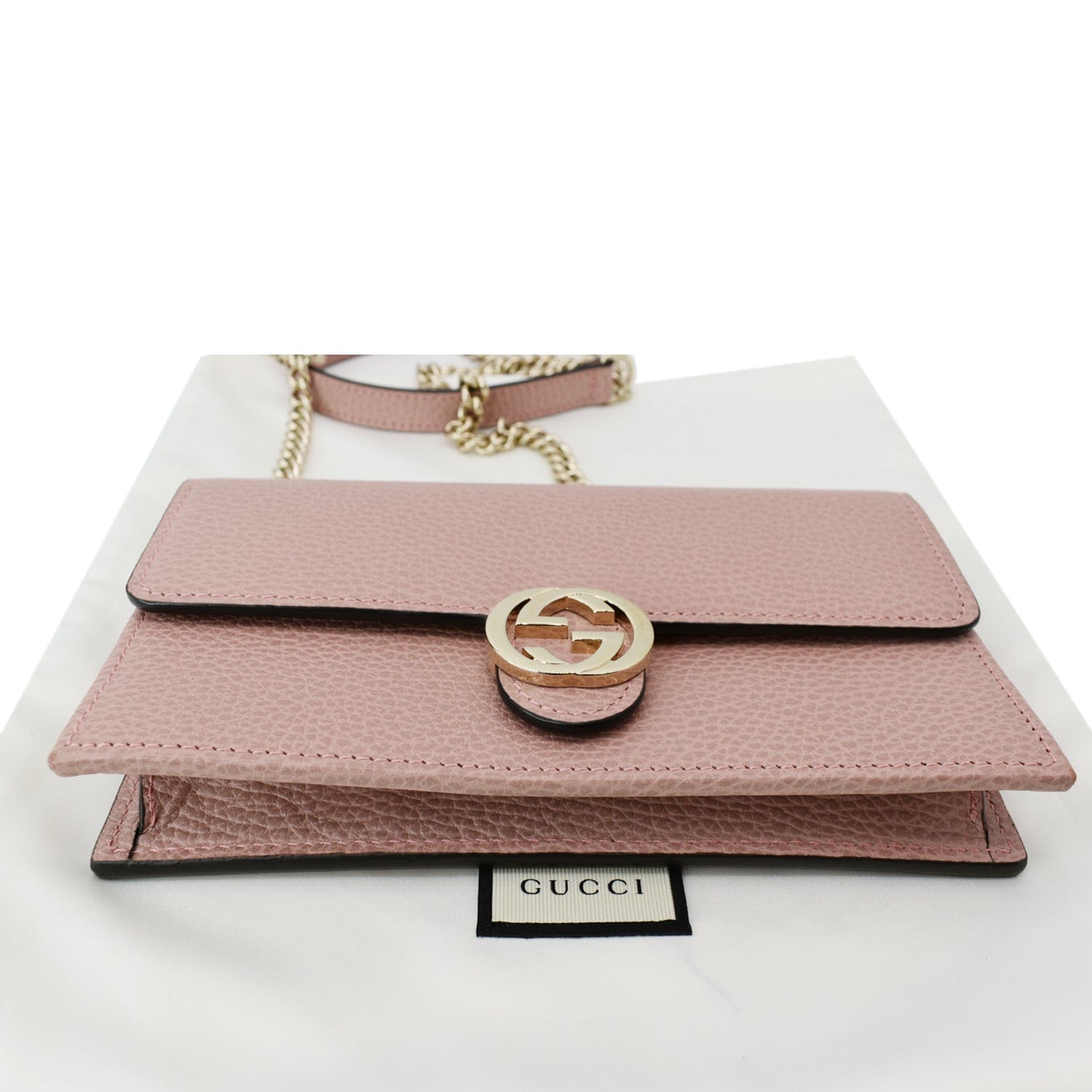 GUCCI Dollar Interlocking G  Leather Chain Wallet Crossbody Bag Soft Pink 510314