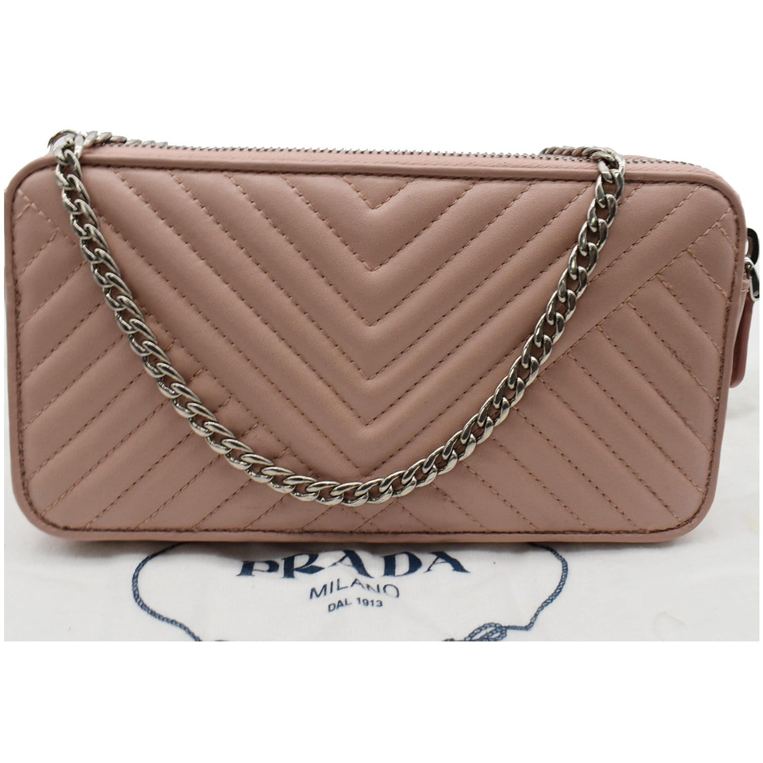 PRADA Nappa Mini Impunture Bandoliera Chain Leather Crossbody Bag Orchidea