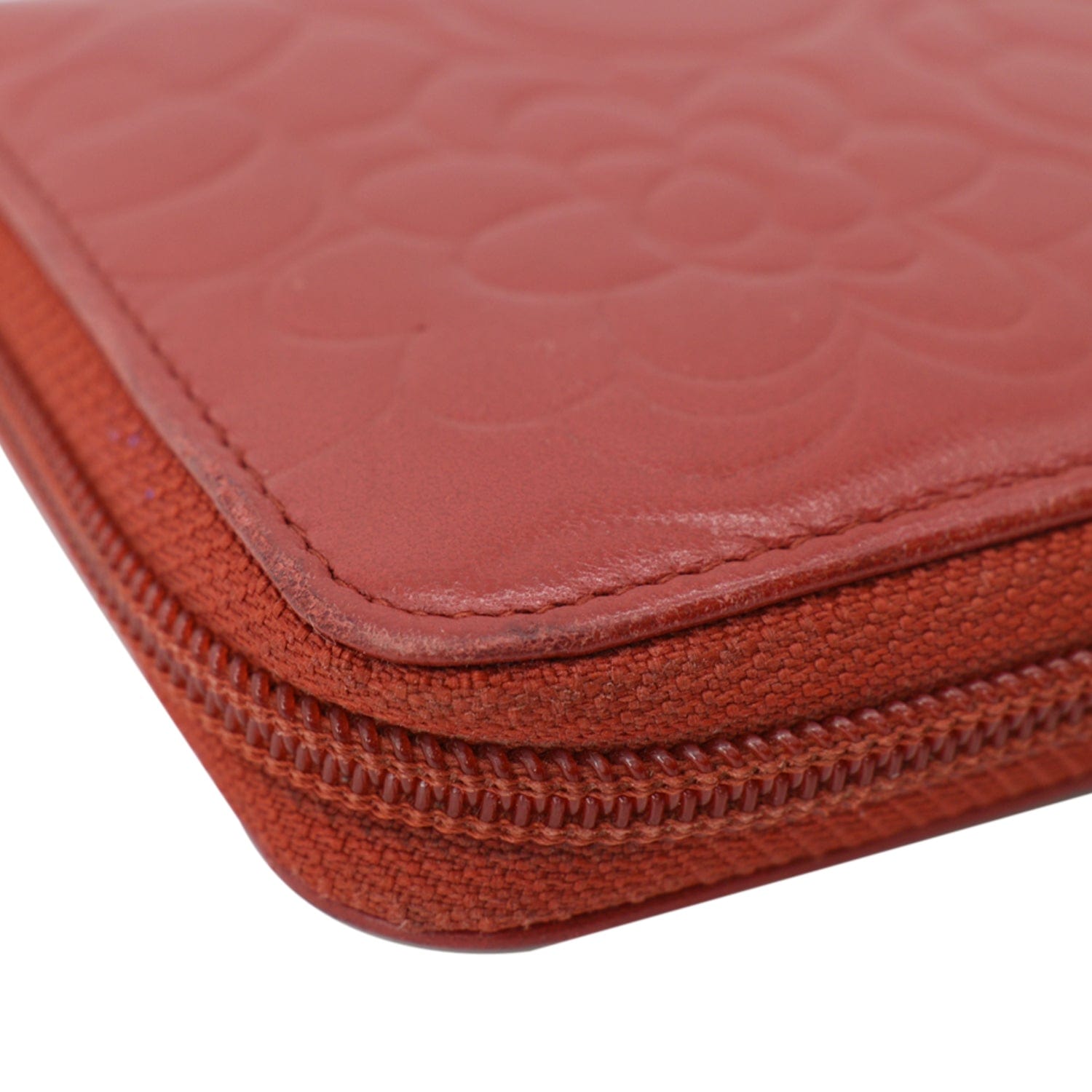 Chanel Zippy Camellia Embossed Leather Wallet Red
